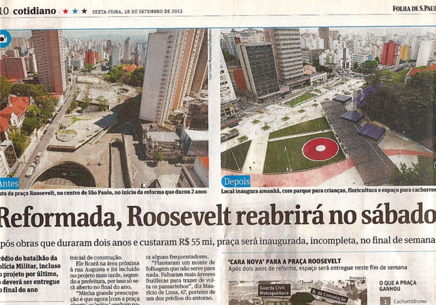 Jornais · Folha de S.Paulo, Cotidiano — “Reformada, Roosevelt reabrirá no sábado” · 2012