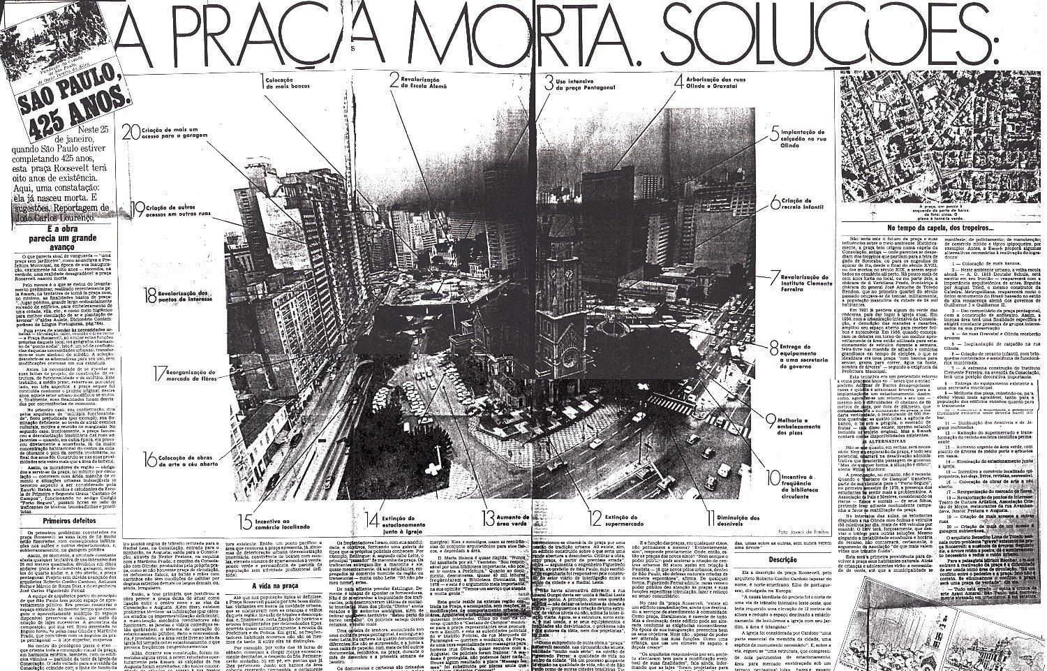 Página de jornal “A praça morta. Soluções:”