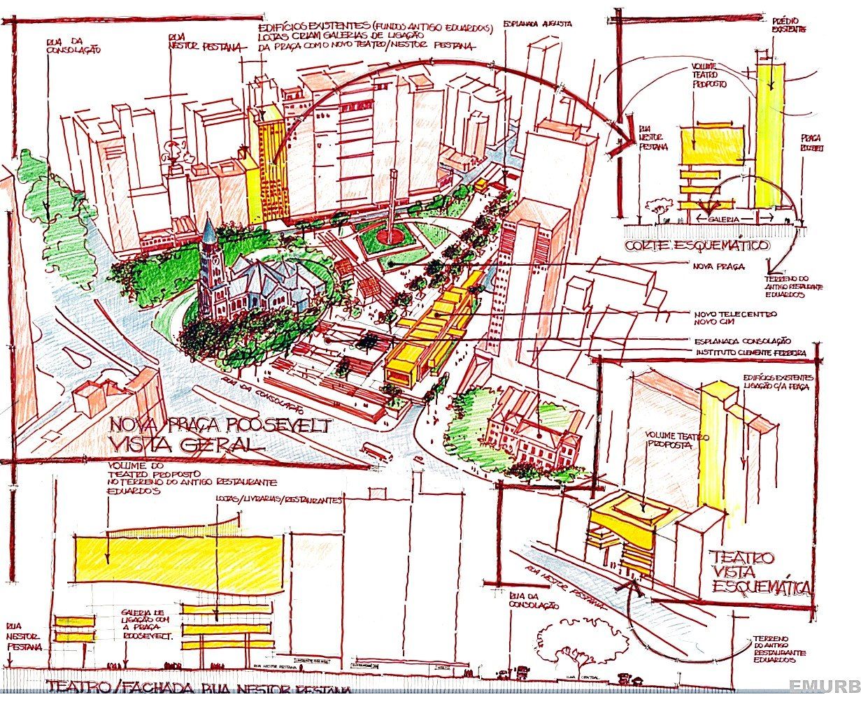 Croqui “Nova Praça Roosevelt – vista geral” com estudos do teatro (Emurb)