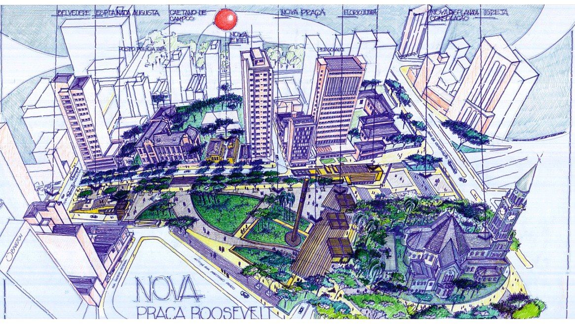 Croqui em perspectiva “Nova Praça Roosevelt” sobre o tecido urbano