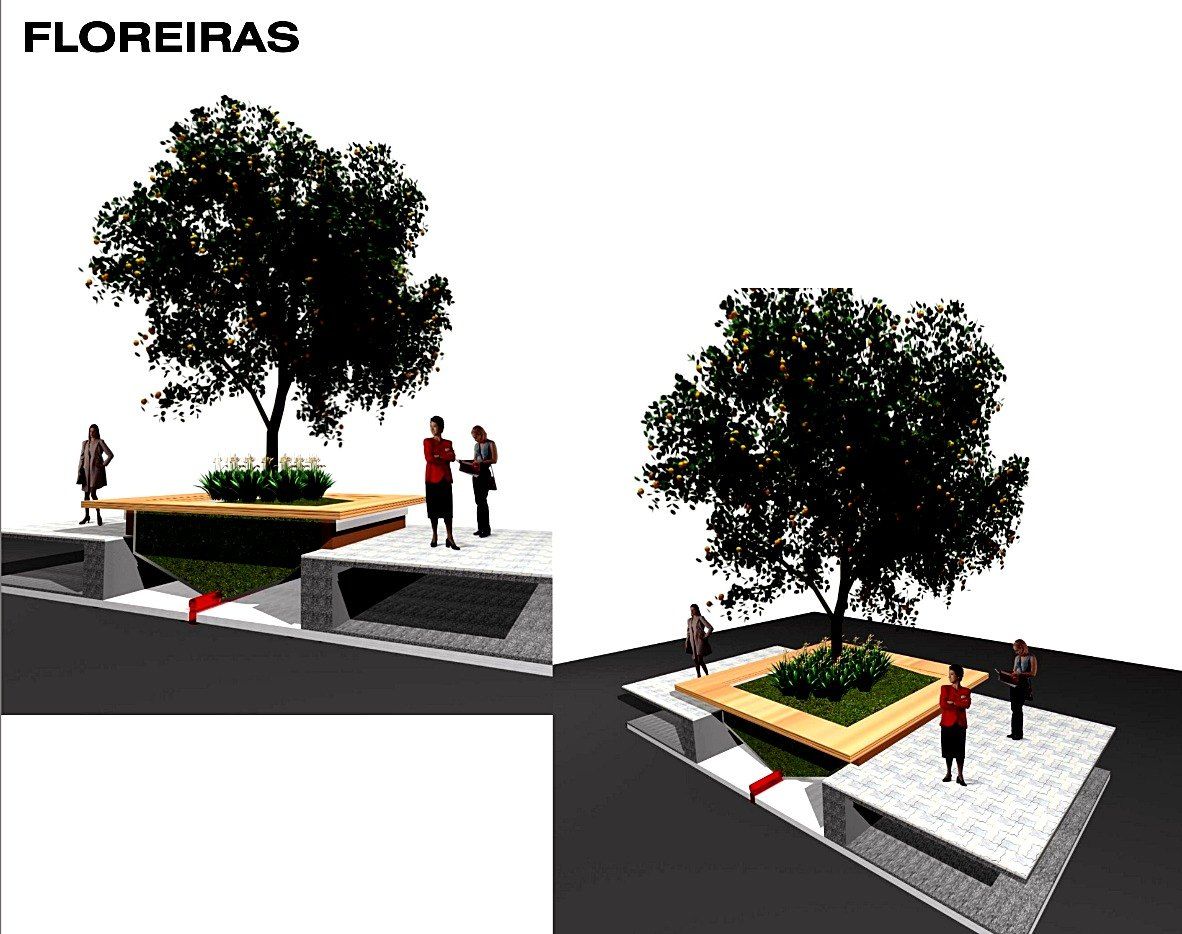 Render das floreiras-bancos com árvores