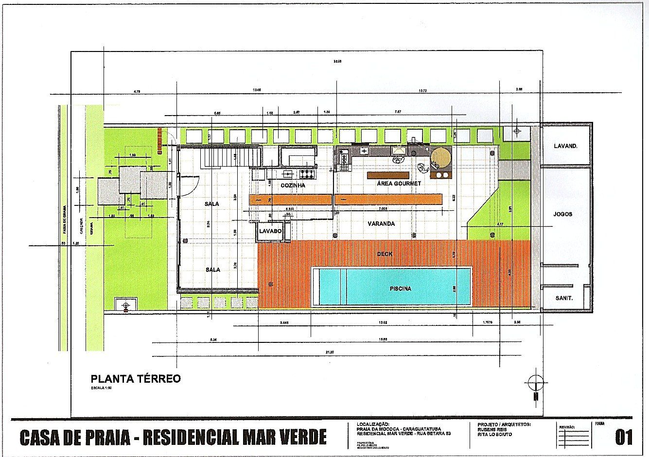 Planta do térreo: salas, cozinha, área gourmet, varanda, deck e piscina